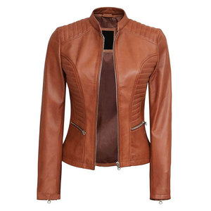 Women's Brown Quilted Faux Lambskin Leather Bomber Motorcycle Jacket <b>Zipper</b> Closure Breathable Regular Fit Customizable (XXS) - Product Image 1
