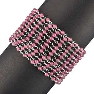 Cadena de Rosario de cuentas redondas microfacetadas de turmalina Rosa Natural, piedra de turmalina de 3mm, cadena de eslabones envueltos en alambre de plata de ley 925 - Product Image 2