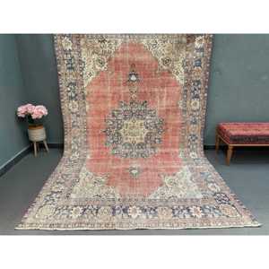 Turkish Vintage Rug 6.6x10.8 ft (202x329 cm), <b>Red</b> Solid <b>Wool</b> Rug - Product Image 1
