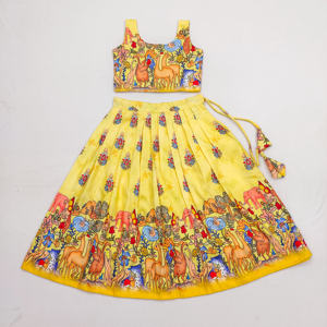 Shoryam, Lehenga Choli de Diseñador de Moda para Niñas, Estampado de Ilustración Animal Amarillo, Largo hasta el Suelo, Ropa de Fiesta para Niños - Product Image 1