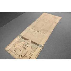 Turkish Rug, 3.7x10.5 ft Runner Rug, <b>Brown</b> Abstract <b>Wool</b> Vintage Rug - Product Image 4