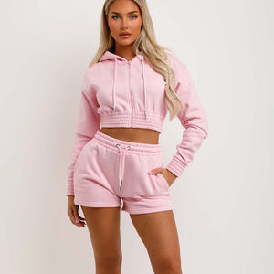Nuevo personalizado bebé rosa 2 piezas mujer Crop Zip Sudadera con capucha y pantalones cortos chándal conjunto mujer Sudadera con capucha y chándal corto conjunto mujer 2 piezas conjunto - Product Image 1