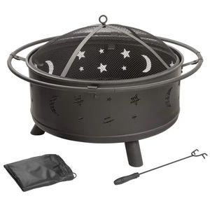 High capacity iron <b>fire</b> <b>pit</b> with mesh lid and poker ideal for large bonfires <b>barbecues</b> and outdoor parties - Product Image 4