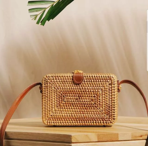 Bolsos de Paja Rectangulares Hechos a Mano con Correa de Cuero, Recuerdo de Vietnam, Decoración para el Hogar, Gran Venta, al Mejor Precio - Product Image 4