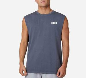 "Chaleco de hombre de cuello redondo de color sólido de algodón Camiseta sin mangas de gimnasio gris personalizada, chaleco de entrenamiento con logotipo" - Product Image 3
