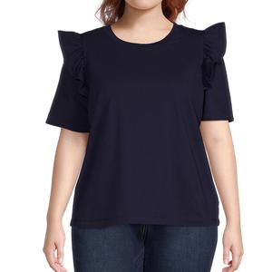 Camiseta holgada de manga corta con volantes para mujer, ropa de verano con cuello redondo, talla grande, de BD - Product Image 6