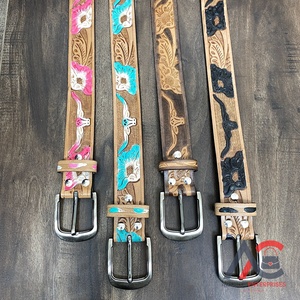 Wholesale Children's Designer Hand <b>Tooled</b> Leather Belts for <b>Kids</b> Handmade Adjustable Cow Leather Cowboy Pin Buckle Belts Belt - Product Image 1