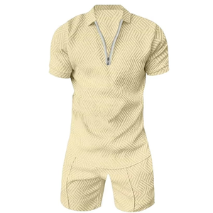 Vente en gros d'été Nouveaux ensembles de shorts décontractés pour hommes High Street T Shirt Shorts Solid Half Sleeve Breathable Plus Size Collar Zip Set - Product Image 2