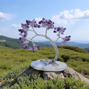 Árbol de Alambre con Cristal de Amatista Hecho a Mano de la Mejor Calidad sobre Base de Rodaja de Ágata Natural, Decoración de Bonsái Feng Shui, Regalo - Product Image 1