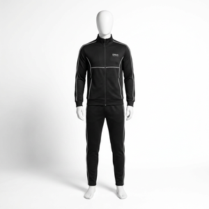 Ensemble de survêtement noir pour homme, veste zippée intégrale, pantalon à taille élastique, couleur unie, style sportif, respirant, en polyester, pour l'automne - Product Image 1