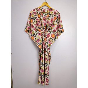 Boho-Stil Indische Handbedruckte <b>Kaftan</b>-Kleid Weisse Und Rosa Blumenblten Atmungsaktiver Und Leichter Swimsuit Cover Ups - Product Image 3
