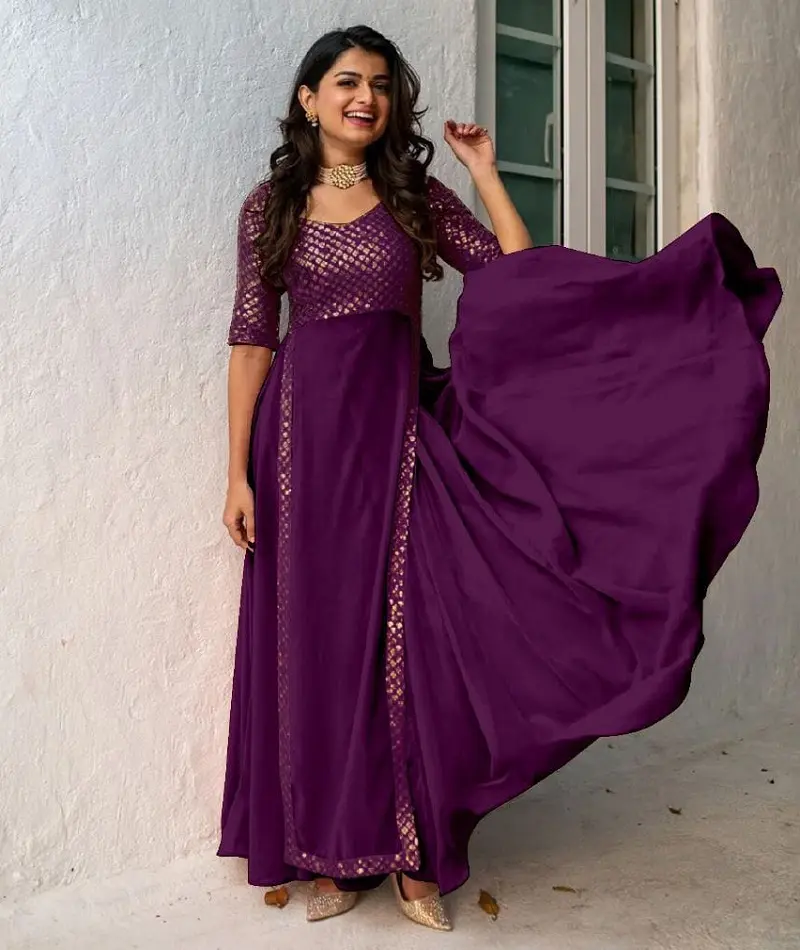 Vêtements ethniques indiens Faux Georgette lourde avec broderie avec séquence de travail Style Anarkali Kurtis pour les vêtements de festival pour les femmes