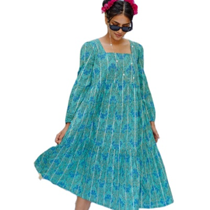 เดรสผู้หญิงพิมพ์ลายดอกไม้หรูหรา, เดรสทรงหลวมยาวคลุมเข่าใส่สบายพิมพ์ลาย - Product Image 1