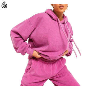 Survêtement court solide de haute qualité pour femmes en gros Logo personnalisé 100% coton délavé à l'acide ensemble pantalon de survêtement à capuche - Product Image 3