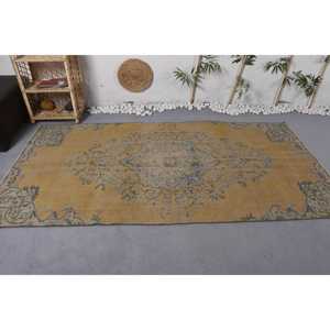 Alfombra turca de área grande Vintage, estilo rectangular clásico, respetuoso con el medio ambiente, patrón de retazos de pila media, comedor de látex de lana amarilla y azul - Product Image 3