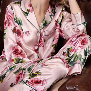 Pijama de seda 100% estampado floral personalizado ropa de dormir de manga larga para mujer - Product Image 4
