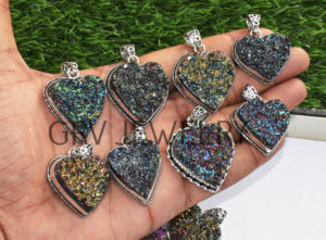 Wholesale Lot Handmade Ethnic 925 Sterling Silver Pendants Natural Coated Druzy <b>Heart</b> Gemstone for Engagement Wedding Party Gift - Product Image 3