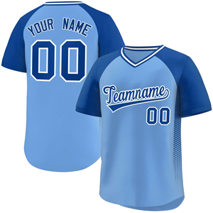 Maillot de baseball personnalisé bicolore pour homme, bleu clair et marine, manches courtes, col en V, avec nom et numéro, design sublimé - Product Image 1