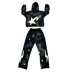 Sweat-shirt à capuche court et pantalon évasé avec logo personnalisé imprimé bouffant hommes dessin élastique 100% survêtements de jogging respirants en coton - Product Image 1