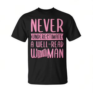 Camiseta con diseño femenista y texto en negro y rosa: Nunca subestimes a una mujer bien leída - Product Image 2