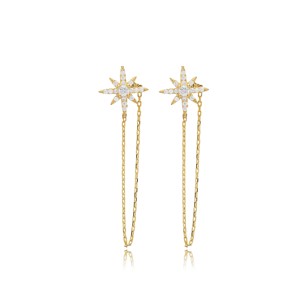 North Star Design CZ <b>Chain</b> Stud <b>Earring</b> Turkish Handcrafted Wholesale 925 Sterling <b>Silver</b> Jewelry - Product Image 1