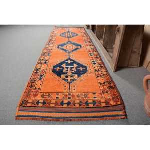Turkish <b>Vintage</b> <b>Rug</b>, 2.9x10.2 ft Herki <b>Rug</b>, Orange Blue Southwestern Wool <b>Rug</b> - Product Image 2