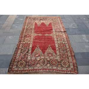 Alfombra turca Vintage 4,2X6,7 pies Rojo Beige Lana Kilim Gran diseño de pasillo rectangular abstracto Látex de 10mm Para áreas grandes - Product Image 1