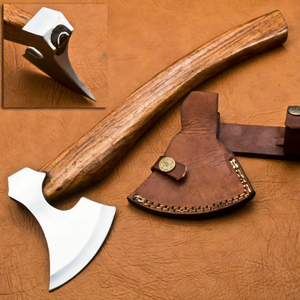 Stainless Steel Axe Head Hatchet Tomahawk Wooden Handle with Leather Sheath for Outdoor Craft Display - Product Image 5