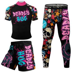 Hot Designs Customized <b>Short</b> Sleeves Polyester <b>Stretchy</b> Rash Guards <b>Shorts</b> MMA BJJ Sets With Rubber Waistband - Product Image 1
