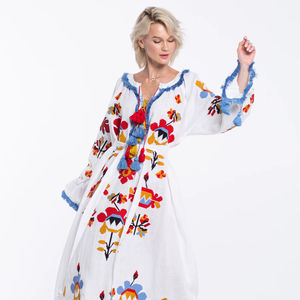 Col en V coton lin robe ukrainienne dentelle florale de haute qualité Design Sexy nouveau Design femmes Unique mi-longueur broderie - Product Image 1