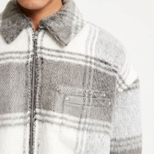 <b>Men's</b> <b>Jackets</b> <b>Flannel</b> Shirt <b>Jacket</b> Grey White Dropped Shoulder Fit Double Pocket and Soft Italian Mohair Look Fabric - Product Image 5