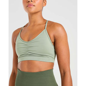 Soutien-gorge de sport vert olive à volants, détail central froncé, bretelles fines et maintien élevé – Nouveauté pour femme, idéal pour le fitness - Product Image 1