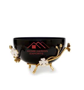 Bol de service en métal décoratif de luxe pour la maison bol de fruits enduit noir avec support fini doré - Product Image 1
