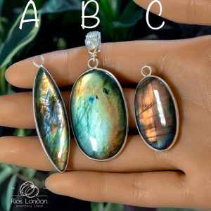 Collar de labradorita natural Cadena de Plata de Ley 925 Colgante de piedras preciosas grandes Regalo en caja para mujeres - Product Image 4