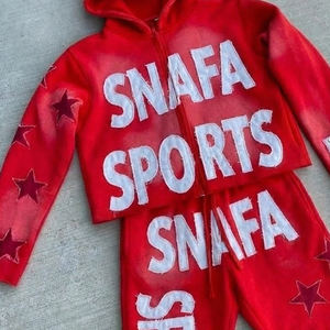 High Quality <b>Acid</b> <b>Wash</b> Men Track Suit Streetwear Distressed Embroidered Patch Tracksuits Pullover Hoodie And Sweatpants Set - Product Image 3