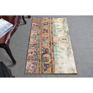 Alfombra de lana turca Vintage de 2,2x3,7 pies, naranja y Beige, patrón de retazos de tejido plano para decoración para sala de estar, 4m de ancho con respaldo de látex - Product Image 1