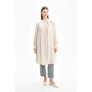 Beige Viscose Floor-Length A-Line Evening Tunic with Tie Neck Detail for Women - Product Image 1
