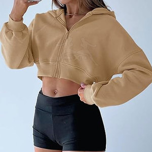 Casual Zipper Crop <b>Top</b> Hoodie With Adjustable Hood And Relaxed Streetwear Style Soft Zipper Crop <b>Top</b> Hoodie - Product Image 5