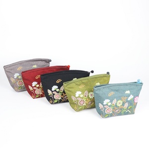 Zipper Polyester Classic Thai Binh's Linen Fabric <b>Purse</b> With Curved Opening Hand-sewn Glass Bead and Grass Patterns - Product Image 1