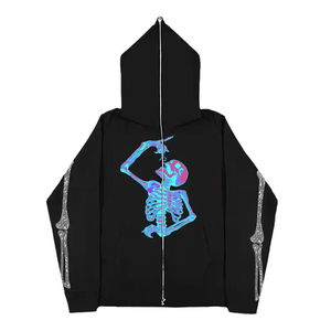 Sudadera con capucha de invierno de gran tamaño con cremallera completa de algodón 100% personalizada para hombre Diseño de esqueleto de diamantes de imitación en relieve con impresión OEM - Product Image 2