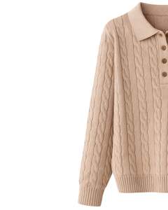 <b>Womens</b> Beige Cable Knit Polo Collar Sweater Long Sleeve Button Placket Soft <b>Warm</b> Winter Casual Pullover <b>Top</b> For Wholesale Buyers - Product Image 3