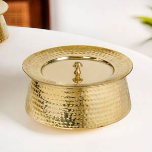 Shiny Golden Hammered Brass Biryani Handi Round Biryani Cookware <b>Pot</b> For Kitchen Stovetop Cooking Handi With Lid - Product Image 1