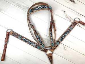 Juego de arreos de cuero repujado con cuentas de leopardo azul, cabezada y pechera para caballo estilo western, tallas completo/cob, equipo de equitación personalizado - Product Image 2