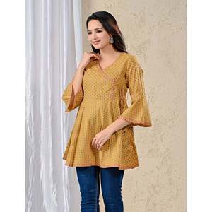 Blusa Angrakha de Popelina de Algodón Color Mostaza para Mujer, Tejida, Casual de Verano, Corta, para Oficina, Tallas XL y 4XL - Product Image 3