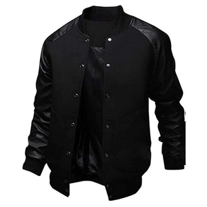 Blouson aviateur universitaire à la mode pour hommes avec col montant et manches en cuir Veste de baseball - Product Image 5