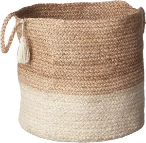 Handmade Jute Braid Eco-friendly biodegradable and Sustainable Round Cylinder with Handle Natural Jute Storage Basket