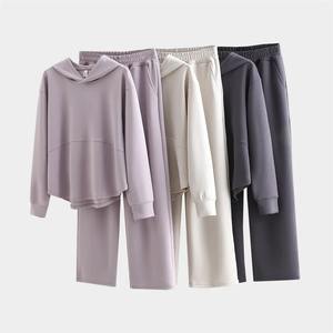 Ensemble 2 pièces surdimensionné à épaules tombantes Sweat à capuche décontracté de couleur unie avec pantalon de survêtement Sweat-shirt d'hiver Joggers avec techniques lavées - Product Image 1