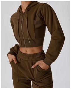 Service OEM de haute qualité décontracté cordon de serrage à manches longues survêtements pour femmes respirant pleine fermeture éclair à capuche Logo personnalisé hiver court - Product Image 2