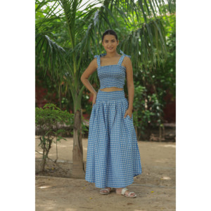 Women's Indian Hand Block <b>Check</b> Print Cotton Boho Top <b>Skirt</b> Set Summer Crop Top <b>Skirt</b> Matching Set Adjustable Tie Straps One - Product Image 1