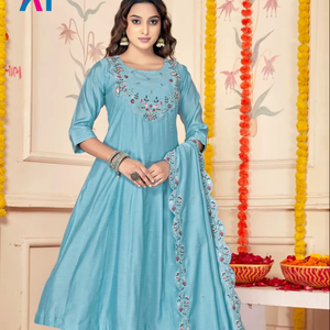 Vestidos de Noche de Rayón Pesado con Bordado de Hilo Blanco, Conjunto Kurti al por Mayor - Product Image 3